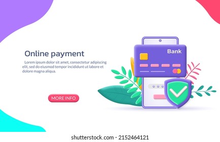 Online payment with credit card and phone 3d icon. Mobile bank, online money, safe transaction design. Pay by smartphone concept. Vector illustration.