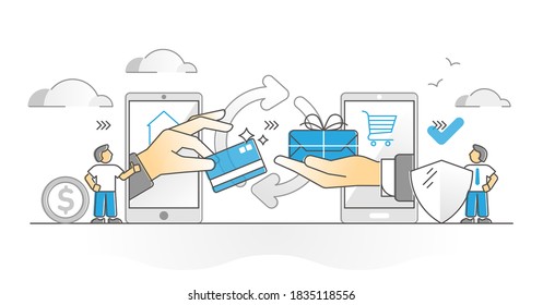 Online payment with credit card for shop purchase monocolor outline concept. Distant contactless e-commerce exchange with product package and bank card as money vector illustration. Secure sale scene.