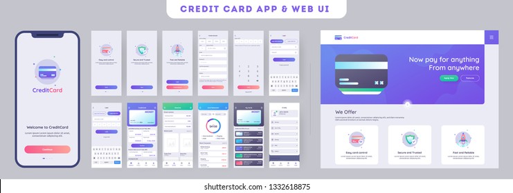 Kit de interface do usuário do aplicativo de pagamento on-line ou cartões de crédito para aplicativo móvel responsivo com menu do site como, upload de cartões de crédito, salvando, contas correntes e confirmação de transação.