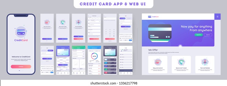 Online Payment or Credit cards app ui kit for responsive mobile app with website menu like as, credit cards uploading, saving, checking accounts and transaction confirmation.
