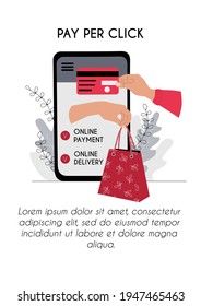 Online payment and delivery vertical poster brochure flyer with copy space. Shopping from home concept. Hand with credit card paying by smartphone and shopping bag. Stock vector flat illustration..