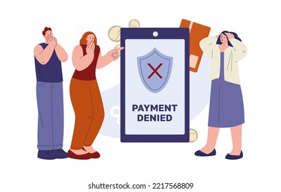 Online Payment Denied. Smartphone Pay Error, Bad Connection. Internet Bank Failed And Scared People. Young Characters Confused Vector Concept