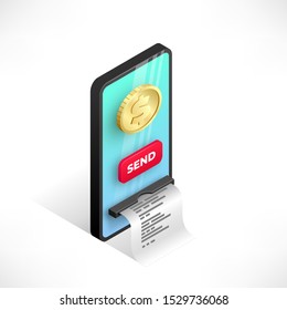 Online payment design concept. Mobile transfer isometric template with smartphone integrated ATM, gold coin and button. Internet banking, sending money vector illustration for web, apps, advert