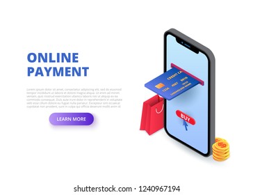 Online payment design concept with sitting man. Isometric vector illustration. Landing page template for web.
