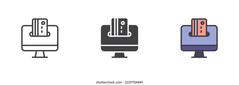 Online payment different style icon set. Line, glyph and filled outline colorful version, computer monitor and credit card outline and filled vector sign. Symbol, logo illustration. Vector graphics