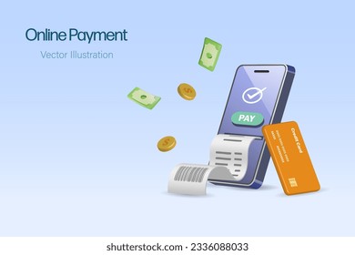 Online payment, digital banking concept. Smartphone with success transaction in credit card payment and billing receipt on mobile touch screen. 3D vector.