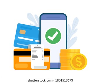 Online payment and digital bill concept. Mobile banking app and payment by credit card. Vector illustration.