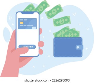 Online payment and digital bill concept. Mobile banking app and payment by credit card. Hand holding phone with money and wallet illustration.