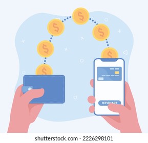 Online payment and digital bill concept. Mobile banking app and payment by credit card. Hand holding phone with money and wallet illustration.