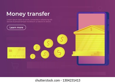 Online payment. Digital secure money transfer and transaction for using smartphone and bank card. Iinternational currencies. Web banner vector illustration.