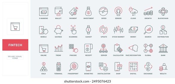 Pago en línea con billetera digital y Cuenta bancaria, inversión de dinero e iconos de línea de ahorro. Reconocimiento biométrico, evolución bursátil Ilustración vectorial de finos contornos en negro y rojo