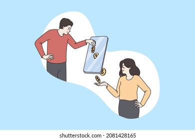 Online payment and earning concept. Young man paying golden coins and girl receiving money online on another side of smartphone screen vector illustration 