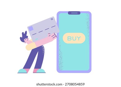Pago en línea y concepto de comercio electrónico. Cliente del cliente del comprador del hombre joven que se coloca y que sostiene la tarjeta de crédito enorme cerca de la pantalla del smartphone con la Ilustración vectorial de la página de compra