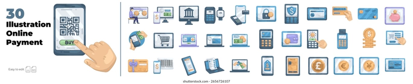 Pago en línea Conjunto de ilustración editable. Ilustración vectorial en estilo moderno de pago, pago, transacción, finanzas, compra, etc