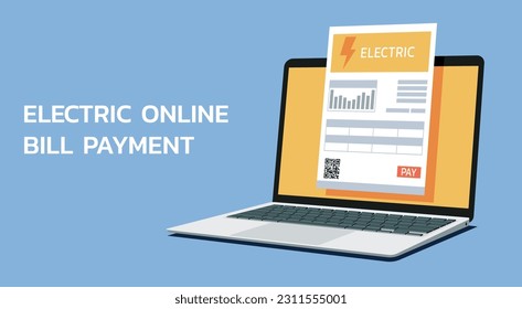 online payment with electricity bill on laptop computer screen, flat vector illustration