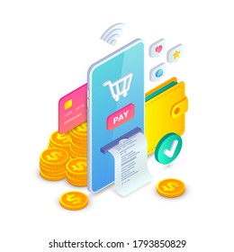 Online Payment, Electronic Bank App, Money Transfer Isometric Concept. Online Shopping 3d Design Template With Smartphone, Wallet, Icons And Coins. E-commerce And Mobile Payments Vector Illustration.