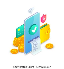 Online payment, Electronic bank app, Successfull Money transfer Isometric concept. Online shopping 3d design template with smartphone, wallet, bill. E-commerce and mobile payments vector illustration.