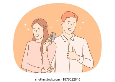 Online payment, electronic transaction concept. Young couple cartoon characters standing showing credit card and thumbs up sign with fingers. Financial wellbeing, purchase, online shopping 