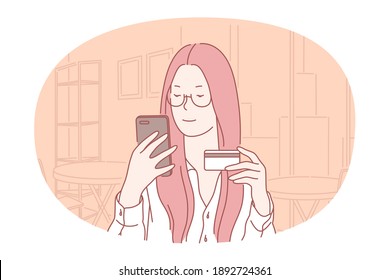 Online payment, electronic transaction, online concept. Smiling woman sitting with smartphone and card and shopping with contactless electronic paying wireless technology from home 