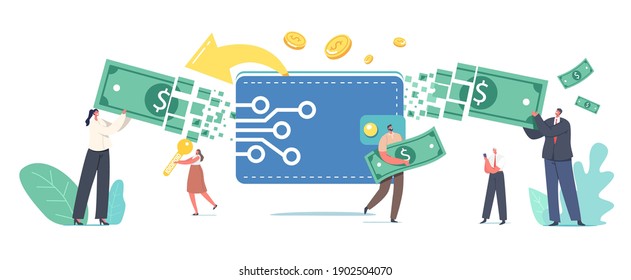 Online Payment, Electronic Virtual Transaction Concept. Tiny Male and Female Characters Transfer Money via Digital Wallet. Cashless Paying Platform or Application. Cartoon People Vector Illustration