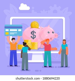 Online payment, e-wallet concept. Group of people stand near big screen with web payment app. Modern vector illustration
