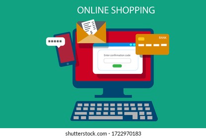 Online payment. Financial transaction confirmation via SMS.  Vector illustration in flat style on the green background