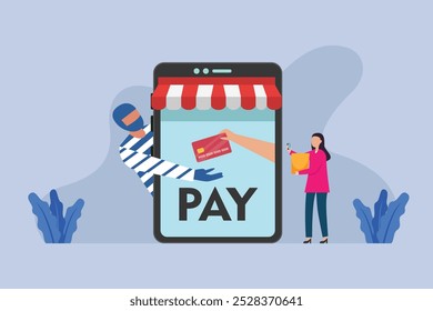 Online Payment Fraud and Cybersecurity Threat Concept with Thief Stealing Credit Card Information 2d flat vector illustration