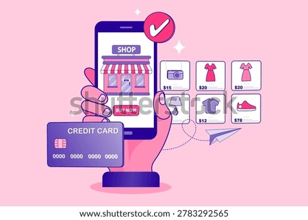 Online payment gateway and digital shopping catalog concept. E-commerce credit card transaction and mobile storefront banner for retail websites, dropshipping webinars, or marketplace posters.