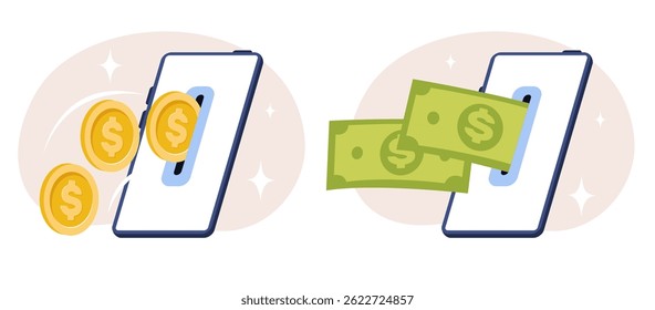 Online payment. Gold coins and cash bills fly into smartphone screen slot. Money transfer. Financial transaction. Mobile technology. Finance profit. Dollar banknotes