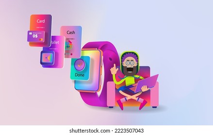 Online payment for goods using a smart watch. Vector banner