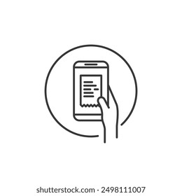 Online payment graphic source. Illustration of payme t made online simbolizes by a hand holding a cell phone with display shown of receipt paper. Label of virtual transaction or trade or online shop.