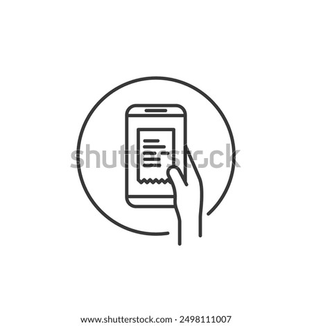 Online payment graphic source. Illustration of payme t made online simbolizes by a hand holding a cell phone with display shown of receipt paper. Label of virtual transaction or trade or online shop.