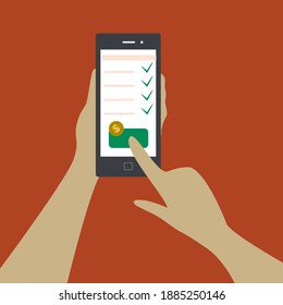 Online payment. Hands and smartphone screen. Person holding phone and presses button. Online shopping concept. 