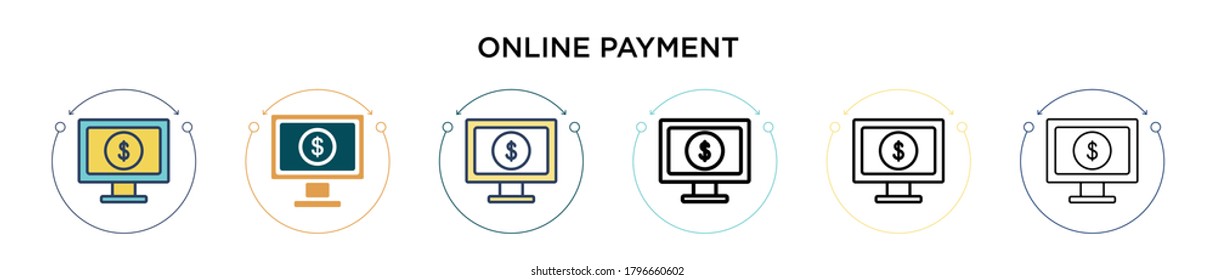 Online payment icon in filled, thin line, outline and stroke style. Vector illustration of two colored and black online payment vector icons designs can be used for mobile, ui, web