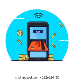 Online Payment Icon Illustration Vector. Mobile Phone With Debit Card. Internet Payment Technology Icon Concept Isolated. 