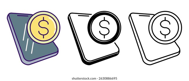 Online Payment icon represented by smartphone, money Line, Filled, Color style.