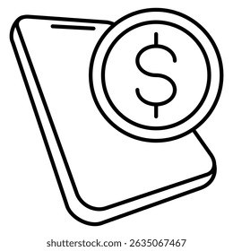 Online Payment icon represented by smartphone, money Line style.