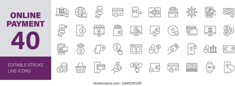 Ícone de pagamento online definido. Contendo carteira eletrônica, serviços bancários, cartão de crédito, dinheiro, transações, pagamento sem dinheiro, compras, compras on-line, comércio eletrônico e muito mais. Ícones de linha editáveis. Ilustração vetorial.