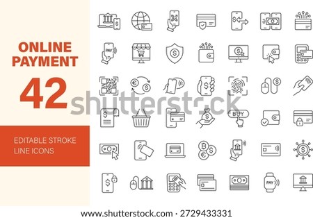 Online payment icon set. Containing transaction, finance, purchase, cashless, wallet, money, banking, credit card, cash, pay, mobile, shopping and more. Editable line icons. Vector illustration.