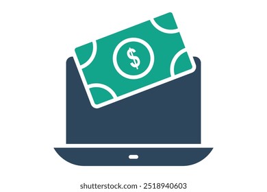 Online payment icon. solid icon style. laptop with money. icon related to bill and payment. business elements vector illustration