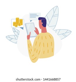 Online Payment, Internet Banking. Man Character Check Money Account in Smartphone Application Isolated on White Background. People Using Digital Business Technologies. Cartoon Flat Vector Illustration