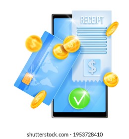 Online-Zahlung, Internet-Digital-Card-Transaktion, Virtual-Geld-Vektorfinanzkonzept, Smartphone, Münze. Erfolgreicher sicherer Transfer, E-Commerce-Quittung. Online-Zahlungsdesign