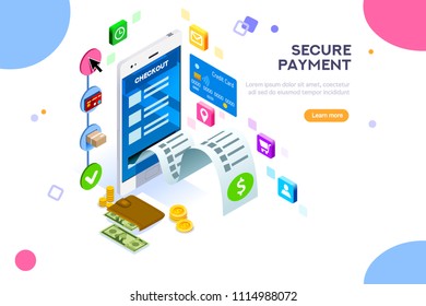 Online payment. Internet payments, protection of money in cellphone transactions. Can use for web banner, infographics, hero images. Flat isometric vector illustration isolated on white background.