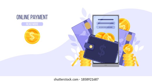 Online payment or internet wallet vector landing page with finance app on smartphone with bank card and dollar coins. Digital transaction and electronic money flat concept.Online payment and e-commerce banner