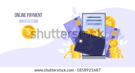Online payment or internet wallet vector landing page with finance app on smartphone with bank card and dollar coins. Digital transaction and electronic money flat concept.Online payment and e-commerce banner