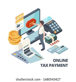 Online payment invoice. Tax bills accounting services vector isometric concept