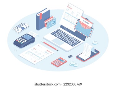 Online payment. Invoicing, bookkeeping, accounting, internet banking. Electronic and paper invoice, bills on laptop screen. Vector illustration in 3d design. Isometric web banner.	
