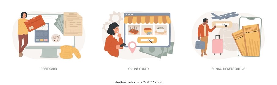 Online payment isolated concept vector illustration set. Debit card, online order, buying tickets, plastic money, buying goods on internet, e-commerce shopping, booking mobile app vector concept.