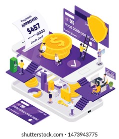 Online payment isometric composition with multiple smartphones and human characters with icons of coins and cards vector illustration