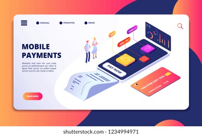 Online Payment Isometric Concept. Banking Shopping Mobile Phone App. Credit Card Protection, Internet Paying Buying Vector Banner